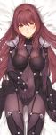  1girl armor bangs blush bodysuit breasts covered_navel dakimakura fate/grand_order fate_(series) highres large_breasts long_hair looking_at_viewer pauldrons purple_bodysuit purple_hair red_eyes scathach_(fate)_(all) scathach_(fate/grand_order) shoulder_armor thighs yang-do 