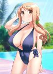  1girl absurdres blue_swimsuit blush breasts brown_eyes brown_hair closed_mouth collarbone covered_navel covered_nipples eyebrows_visible_through_hair groin hand_on_own_head highres hirame_guard huge_breasts long_hair looking_at_viewer matsumoto_yoriko outdoors pool shiny shiny_clothes shiny_hair shiny_skin sky slingshot_swimsuit smile solo standing swimsuit swimwear yuyushiki 