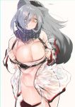  1girl arknights bottomless breasts cleavage convenient_censoring cowboy_shot grey_hair highres large_breasts long_hair ponytail scarf schwarz_(arknights) taiban_steak thigh_pouch top_pull twitter_username watermark yellow_eyes 