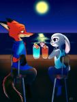 2020 3:4 alternate_version_at_source anthro beverage bottomwear canid canine chair clothed clothing cup disney duo fox fully_clothed fur furniture grey_body grey_fur judy_hopps lagomorph leporid looking_at_another mammal moon moromorowephi necktie nick_wilde night orange_body orange_fur outside pants rabbit red_fox sea shirt sitting smile star topwear water zootopia 