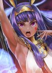  1girl abazu-red animal_ears arm_up armpits bangs blunt_bangs commentary_request dark_skin earrings facepaint fate/grand_order fate_(series) glint hairband hoop_earrings jackal_ears jewelry long_hair looking_at_viewer nitocris_(fate/grand_order) open_mouth purple_eyes skull sleeveless solo staff twitter_username two-tone_hairband v-shaped_eyebrows very_long_hair 