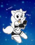  anthro blanca_(nicky_illust) canid canine canis cat_costume clothing cosplay costume domestic_dog embarrassed female fluffy fluffy_tail fur hi_res lingerie mammal nicky_illust nordic_sled_dog samoyed shy simple_background smile solo spitz white_body white_fur 
