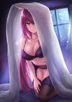  1girl bangs black_legwear blanket blush bra breasts cleavage covering_with_blanket fate/grand_order fate_(series) garter_belt garter_straps hair_between_eyes highres holding_blanket indoors large_breasts lingerie long_hair looking_at_viewer navel night on_bed panties purple_bra purple_hair purple_panties red_eyes scathach_(fate)_(all) scathach_(fate/grand_order) see-through_silhouette sitting skindentation skyde_kei smile solo thighhighs underwear very_long_hair 