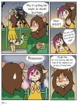  anthro brown_body brown_fur brown_hair burger clothed clothing comic dialogue dress duo english_text felid female fiona_(artist) food fur hair head_markings hi_res lion male male/female mammal markings pantherine purple_eyes text 