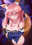  1girl absurdres animal_ear_fluff animal_ears blue_kimono blue_ribbon blush bottomless breasts cleavage collarbone diudada eyebrows_visible_through_hair fate/extella fate/extra fate/extra_ccc fate/grand_order fate_(series) fox_ears fox_girl fox_shadow_puppet fox_tail groin hair_ribbon highres huge_filesize japanese_clothes kimono large_breasts looking_at_viewer nipples pink_hair ribbon solo tail tamamo_(fate)_(all) tamamo_no_mae_(fate) yellow_eyes 
