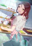  1girl :d absurdres apron blue_skirt blush bottle bow character_doll chopsticks dutch_angle eyebrows_visible_through_hair food frilled_skirt frills from_behind highres holding holding_chopsticks indoors jar kitchen long_hair looking_at_viewer looking_back love_live! love_live!_sunshine!! medium_skirt open_mouth pink_apron pink_bow red_hair sakurauchi_riko sandwich shirt short_sleeves sidelocks skirt smile solo steam striped striped_shirt takami_chika tako-san_wiener tile_wall tiles vertical-striped_shirt vertical_stripes watanabe_you white_shirt yamaori_(yamaorimon) yellow_eyes 