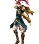  1boy arrow_(projectile) belt boots bow_(weapon) bracelet cape fingerless_gloves fire_emblem fire_emblem:_path_of_radiance fire_emblem_heroes full_body gloves green_eyes highres jewelry long_hair official_art quiver red_hair shinon_(fire_emblem) solo transparent_background wada_sachiko weapon 