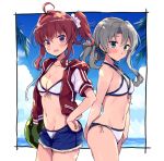  2girls :d ahoge alternate_costume arashi_(kantai_collection) asymmetrical_hair bikini blue_eyes blue_shorts blush breasts cleavage cloud cloudy_sky collarbone commentary_request cowboy_shot dated day denim denim_shorts eyebrows_visible_through_hair food from_side fruit groin hair_between_eyes kantai_collection long_hair multiple_girls navel nowaki_(kantai_collection) ocean odawara_hakone open_mouth purple_eyes red_hair scrunchie short_hair short_sleeves shorts silver_hair sky small_breasts smile swimsuit twitter_username watermelon white_bikini white_scrunchie 