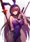  animal_ears bunny_ears bunny_girl fate/grand_order fishnets nakamura_eight no_bra pantyhose scathach_(fate/grand_order) tail weapon 