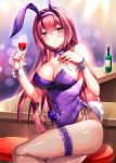 1girl alcohol animal_ears bar bar_stool bare_shoulders blush bottle bow breasts bunny_day bunny_ears bunny_girl bunny_tail bunnysuit cleavage cup detached_collar drinking_glass fake_animal_ears fate/grand_order fate_(series) fukase_ayaka indoors leg_garter leotard long_hair looking_at_viewer pantyhose scathach_(fate)_(all) scathach_(fate/grand_order) sitting smile solo stool tail wine wine_bottle wine_glass wrist_cuffs 