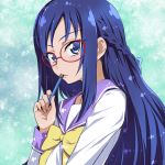  1girl blue_eyes blue_hair blush commentary_request dokidoki!_precure glasses hishikawa_rikka holding holding_pencil long_hair long_sleeves looking_at_viewer nakahira_guy oogai_daiichi_middle_school_uniform pencil precure purple_sailor_collar red-framed_eyewear sailor_collar school_uniform solo upper_body 