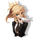  1girl bangs biting blonde_hair braid breasts eyebrows_visible_through_hair fate/apocrypha fate/grand_order fate_(series) formal gem glove_biting gloves green_eyes hair_ornament hair_scrunchie heroic_spirit_formal_dress highres looking_at_viewer mordred_(fate) mordred_(fate)_(all) necktie ponytail puchi-pochi red_scrunchie scrunchie small_breasts smile solo suit suit_jacket teeth 