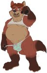  2020 anthro belly big_belly blue_eyes bodily_fluids brown_body brown_fur brown_hair bulge canid canine clothing disney fox fur genitals gideon_grey hair hi_res looking_at_viewer male mammal moobs navel nipples orange_body orange_fur overweight overweight_anthro overweight_male pawpads penis penis_base plantigrade shirt solo sweat tank_top tight_clothing topwear underwear xtbidx zootopia 