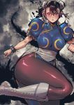  1girl black_hair bracelet breasts brown_eyes butcherboy chinese_clothes chun-li clenched_hands double_bun glasses highres jewelry large_breasts leg_up parted_lips solo spiked_bracelet spikes street_fighter thick_thighs thighs v-shaped_eyebrows 
