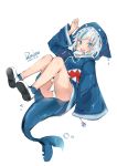  1girl :d arm_up ass blue_eyes blue_hair blue_hoodie blue_legwear commentary_request daima_hmw dated full_body gawr_gura highres hololive hololive_english hood hood_up hoodie long_sleeves looking_at_viewer multicolored_hair open_mouth panties shark_hood shark_tail sharp_teeth shoe_soles shoes signature silver_hair simple_background smile socks solo streaked_hair teeth underwear virtual_youtuber water_drop white_background white_footwear white_panties wide_sleeves 