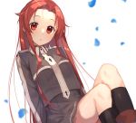  1girl :o bangs black_legwear crossed_legs grey_jacket grey_skirt highres jacket leaning_to_the_side long_hair long_sleeves looking_at_viewer miniskirt noro_(ro_no) parted_bangs parted_lips petals red_eyes red_hair simple_background single_horizontal_stripe sitting skirt socks solo sword_art_online sword_art_online:_alicization sword_mastery_academy_uniform tiese_schtrinen uniform white_background wing_collar 