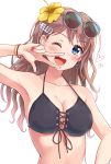  1girl ;d aranami_shibuki arm_up armpits bang_dream! bangs bikini black_bikini black_ribbon blue_eyes blush breasts brown_hair cleavage collarbone commentary_request cross-laced_clothes earrings english_text eyebrows_visible_through_hair eyewear_on_head fingernails flower hair_flower hair_ornament hairclip heart heart_earrings hibiscus highres jewelry long_fingernails long_hair looking_at_viewer medium_breasts nail_polish one_eye_closed open_mouth red_nails ribbon simple_background smile solo star_(symbol) sunglasses swimsuit upper_body v v_over_mouth wavy_hair white-framed_eyewear white_background wristband yamabuki_saaya yellow_flower 
