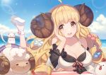  1girl :d ahoge anila_(granblue_fantasy) bangs beach beach_towel bikini blonde_hair blue_sky blunt_bangs blush breasts cleavage cloud day detached_sleeves draph eyebrows_visible_through_hair flower granblue_fantasy hair_flower hair_ornament horns jiman large_breasts layered_bikini long_hair looking_at_viewer lying ocean on_stomach open_mouth outdoors rat ribbon-trimmed_bikini ribbon-trimmed_sleeves ribbon_trim sheep sheep_horns short_eyebrows sky smile solo swimsuit thick_eyebrows towel upper_teeth very_long_hair yellow_eyes 