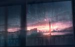  absurdres blurry blurry_foreground building city cloud depth_of_field dutch_angle highres hill horizon no_humans original railing rain scenery signature sky skyrick9413 tree twilight water water_drop window 