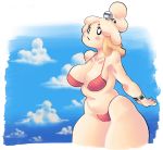  animal_crossing anthro belly big_breasts bikini bracelet breasts canid canine canis chubby_female clothed clothing cloud domestic_dog female hi_res huge_thighs isabelle_(animal_crossing) jewelry mammal navel nintendo panthera_cantus skimpy slightly_chubby solo swimwear thick_thighs video_games wide_hips wristband 