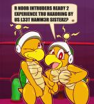  2020 4_fingers antenna_wire anthro beak big_breasts breast_grab breasts duo english_text featureless_breasts female fingering fingers green_body green_scales green_shell hammer_brothers hand_on_breast hi_res l33t_hamm3r_broz. looking_at_viewer looking_up mario_bros masturbation motion_lines nintendo one_eye_closed open_mouth orange_body orange_scales presenting presenting_breasts red_eyes scales scalie seductive shell sibling sister sisters spread_legs spreading tan_body tan_scales text thick_thighs ultilix vaginal vaginal_fingering vaginal_masturbation video_games yellow_beak 