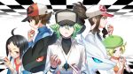  2girls 3boys ahoge bangs baseball_cap bianca_(pokemon) black_hair black_vest blonde_hair blue_eyes brown_hair checkered cheren_(pokemon) commentary_request gen_5_pokemon green_eyes green_hair green_headwear hair_between_eyes hand_up hat high_ponytail highres hilbert_(pokemon) hilda_(pokemon) holding holding_poke_ball jewelry legendary_pokemon long_hair looking_at_viewer multiple_boys multiple_girls n_(pokemon) nagiru necklace poke_ball poke_ball_(basic) pokemon pokemon_(creature) pokemon_(game) pokemon_bw reshiram sidelocks vest wristband zekrom 