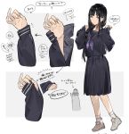  1girl absurdres black_hair black_serafuku fingernails flying_sweatdrops grey_eyes highres long_hair mayutsuba_mono original parted_lips purple_neckwear reference_sheet school_uniform serafuku sleeves_rolled_up smile solo sweatdrop uniform 