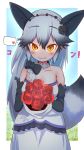  ... 1girl animal_ears artist_request black_gloves blush breasts cleavage closed_mouth collarbone dress elbow_gloves extra_ears eyebrows_visible_through_hair flower fox_ears fox_tail gloves glowing glowing_eyes hair_flower hair_ornament heart heart-shaped_pupils highres kemono_friends kemono_friends_3 large_breasts long_hair looking_at_viewer multicolored_hair rose silver_fox_(kemono_friends) solo speech_bubble symbol-shaped_pupils tail wedding_dress yellow_eyes 