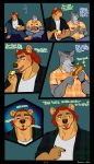  absurd_res anthro barakuma canid canine canis comic cute_fangs duo english_text food freckles hair hi_res hot_dog male male/male mammal movie_theater piercing plaid red_hair romantic_couple smile text ursid wolf 