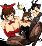  3girls alcohol animal_ears armpits bare_shoulders beer black_leotard bow bowtie breasts brown_eyes brown_hair bunny_ears bunny_girl bunny_tail bunnysuit cleavage collarbone commentary_request cup detached_collar detached_sleeves drinking_glass eyebrows_visible_through_hair fake_animal_ears fishnet_legwear fishnets freckled_girl_(yuya) hair_ornament leotard looking_at_viewer mug multiple_girls original pantyhose ponytail ponytail_girl_(yuya) purple_eyes red_leotard sideboob sidelocks smile spread_legs strapless strapless_leotard tail tray wrist_cuffs yuya 