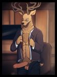  2020 anthro balls beastars big_penis brown_body brown_fur cervid cervine chair chest_tuft clothed clothing delirost desk eyewear fur furniture genitals glasses hi_res looking_down male mammal narrowed_eyes necktie office office_chair oguma_(beastars) open_clothing open_suit open_topwear partially_clothed penis pubes solo squint suit television topwear tuft unbuttoned uncut unzipped 