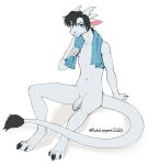 2020 4_toes 5_fingers absurd_res anthro balls blue_eyes digital_media_(artwork) dragon fingers foreskin genitals hi_res horn kyotoleopard male navel penis scalie sitting solo tail_fluff tail_tuft toes towel tuft uncut white_body wingless_dragon 
