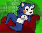  absurd_res animal_crossing anthro blue_body blue_fur cazinkwolf eulipotyphlan female fur furniture genitals green_background hedgehog hi_res looking_pleasured mabel_able mammal nintendo nipples nude pink_nipples simple_background sofa solo video_games 