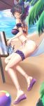  1girl :t absurdres aqua_eyes aqua_hair arm_garter ass azur_lane beach beach_umbrella bikini black_hair blush breasts cheshire_(azur_lane) cheshire_(summery_date!)_(azur_lane) covered_nipples flip-flops full_body hair_ornament hammock highres holding holding_eyewear large_breasts leg_garter long_hair looking_at_viewer multicolored_hair outdoors pout purple_bikini sandals shenqi_(toid310) side-tie_bikini sitting solo strapless strapless_bikini streaked_hair sunglasses swimsuit thighs umbrella 