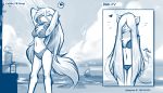 &lt;3 2020 7:4 anthro beach bikini blep blue_and_white breasts canid canine canis chest_tuft cleavage clothed clothing comic conditional_dnp english_text expectation_vs_reality eyes_closed female fur hair hair_over_eyes hands_behind_head hi_res humor keidran long_hair mammal midriff monochrome navel outside raine_silverlock seaside shower showering sketch skimpy smile solo swimwear tailwag text tom_fischbach tongue tongue_out tuft twokinds webcomic wet wet_body wet_fur wolf 