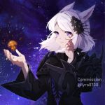  1girl animal_ears bangs cat_ears commission crying crying_with_eyes_open facial_mark final_fantasy final_fantasy_xiv hair_ornament highres lyra-kotto medium_hair miqo&#039;te purple_eyes robe solo starry_background swept_bangs tears twitter_username upper_body whisker_markings white_hair 