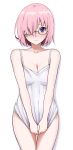  1girl bangs blush breasts camisole cleavage collarbone cowboy_shot eyebrows_visible_through_hair fate/grand_order fate_(series) full-face_blush glasses hair_over_one_eye julius_yu long_hair looking_at_viewer mash_kyrielight medium_breasts pink_hair purple_eyes shirt_pull short_hair solo white_background 