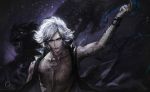  1boy animal arm_at_side arm_tattoo arm_up artist_name artstation_username bangs bare_chest black_coat chest chest_tattoo closed_mouth coat collarbone devil_may_cry_5 familiar fangs jewelry long_coat looking_at_viewer male_focus nipples open_mouth oreki_genya panther pectorals purple_background red_eyes ring short_hair sleeveless sleeveless_coat smile snapping_fingers solo studded_bracelet swept_bangs tattoo teeth tooth_necklace upper_body v_(devil_may_cry) white_hair yellow_eyes 