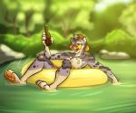  alcohol anthro backwards_hat beer beer_bottle beverage cheetah drinking eyewear felid feline felis inner_tube male mammal nicnak044 outside river solo sunglasses 