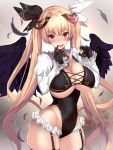  1girl :d angel angel_wings bangs black_gloves black_legwear black_leotard black_wings blonde_hair blush breasts commentary_request eyebrows_visible_through_hair fallen_angel fallen_angel_(untsue) feathers frills garter_straps gloves glowing hair_ribbon highres horns large_breasts leotard long_hair looking_at_viewer mole mole_on_breast open_mouth original red_eyes ribbon shrug_(clothing) simple_background smile solo thighhighs thighs twintails untue very_long_hair white_background white_ribbon wings 
