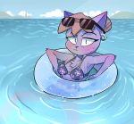  anthro beach bikini blush bodily_fluids bottomless catmom_(character) clothed clothing domestic_cat duo eyewear felid feline felis female genitals hi_res inflatable inner_tube mammal passigcamel pussy sea seaside solo sunglasses sweat swimwear water 