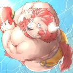  1:1 anthro blush bottomwear chernobog clothing demon fur hi_res horn male meimei_kia musclegut muscular muscular_anthro muscular_male pink_body pink_fur sea shorts solo swimwear tokyo_afterschool_summoners video_games water 