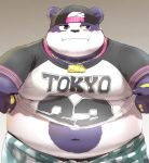  2020 alp_(tas) anhrmgzo anthro belly blush clothing fur giant_panda hat headgear headwear hi_res kemono male mammal navel overweight overweight_anthro overweight_male purple_body purple_fur shirt solo tokyo_afterschool_summoners topwear ursid video_games white_body white_fur 