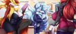  alolan_ninetales ambiguous_gender anthro anthrofied breasts butt canid canine clothed clothing delphox detailed_background ear_piercing ear_ring english_text female hi_res mammal mature_female mleonheart nintendo piercing pok&eacute;mon pok&eacute;mon_(species) reading regional_form_(pok&eacute;mon) text video_games zoroark 