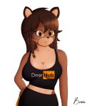  anthro braided_hair breasts brown_body brown_fur brown_hair cervid cherrybxnnie cleavage clothed clothing facing_viewer female fur hair hazel hi_res mammal solo sportswear yellow_eyes 