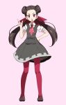  1girl :o arm_up black_hair bow brown_footwear collar collared_shirt dress full_body grey_dress hair_bow hand_on_hip highres leggings long_hair looking_at_viewer mary_janes necktie open_mouth pink_background pink_neckwear pokemon pokemon_(game) pokemon_oras red_bow red_eyes red_legwear roxanne_(pokemon) shirt shoes short_sleeves simple_background sleeveless sleeveless_dress solo tsukishiro_saika twintails white_collar 