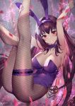  1girl animal_ears armpits arms_up bangs blush breasts bunny_ears bunnysuit commentary_request detached_collar fake_animal_ears fate/grand_order fate_(series) fishnet_legwear fishnets gae_bolg hair_between_eyes highleg highleg_leotard large_breasts leg_garter legs_up leotard long_hair looking_at_viewer pantyhose parted_lips polearm purple_hair purple_leotard red_eyes scathach_(fate)_(all) scathach_(fate/grand_order) smile spear thighs weapon wrist_cuffs yoshimoto_(dear_life) 