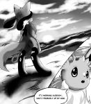  ambiguous_gender baby_pok&eacute;mon comic eevee english_text greyscale hi_res monochrome nintendo pok&eacute;mon pok&eacute;mon_(species) pok&eacute;mon_mystery_dungeon riolu speech_bubble text video_games xetajts 