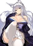  1girl animal_ear_fluff animal_ears azur_lane bangs bare_shoulders breasts cleavage commentary_request eyebrows_visible_through_hair fox_ears grey_hair hair_between_eyes hair_ornament highres japanese_clothes kimono kitsune large_breasts long_hair looking_at_viewer multiple_tails off-shoulder_kimono purple_eyes shinano_(azur_lane) shiokonbu solo tail 