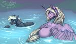  artwork_(digital) butt cute_face digital_drawing_(artwork) digital_media_(artwork) duo duo_focus earth_pony earthpony equid equine feathers female feral friendship_is_magic group hasbro horn horse male male/female mammal my_little_pony patreon_reward pony rear_view shy size_difference sketch smile sunny_way swimming water wet winged_unicorn wings 